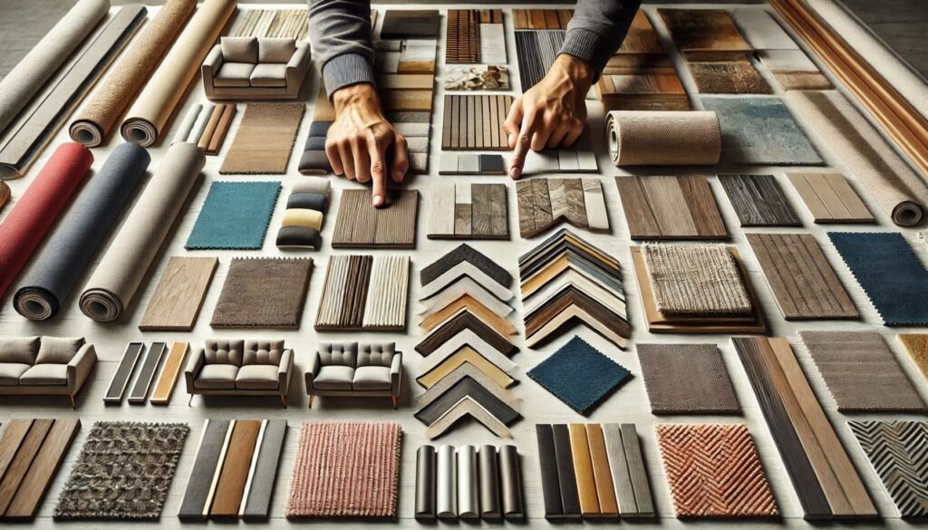 A close-up of a variety of furniture material samples spread out on a table.