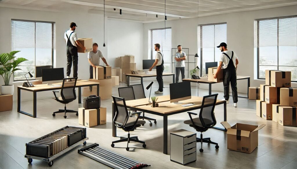 A delivery team setting up modern office furniture in a professional workspace