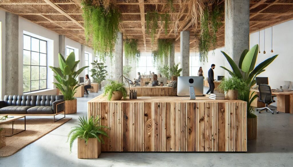 A sustainable reception desk made from bamboo or reclaimed wood, showcasing natural textures and eco-friendly design, placed in a bright office space with indoor plants and natural lighting.